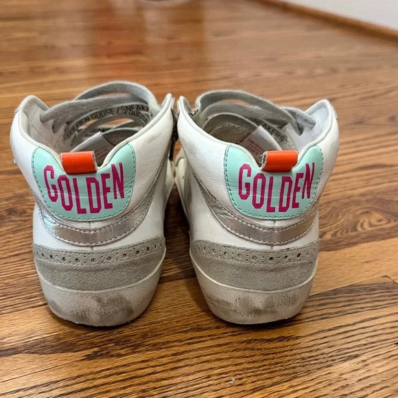 Golden Goose Mid Star High-Top Sneakers - Gray & White with turquoise/hot pink - Picture 3 of 7